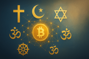 Digital illustration showing Bitcoin at the center of interconnected blockchain lines, surrounded by symbols of Christianity, Islam, Judaism, Hinduism, and Buddhism—representing global religious perspectives on cryptocurrency.